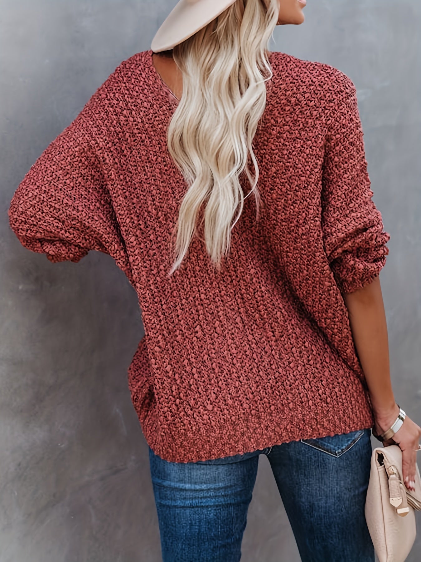 Solid V Neck Knitted Pullover Top, Casual Long Sleeve Sweater For Fall & Winter, Women's Clothing