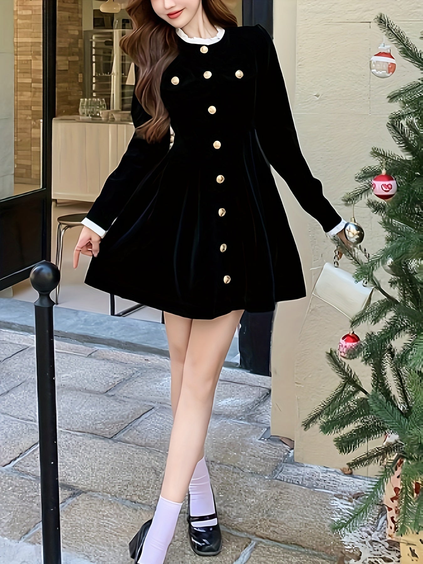 vlovelaw Solid Button Front Waist Velvet Dress, Elegant Long Sleeve Frill Trim Dress, Women's Clothing