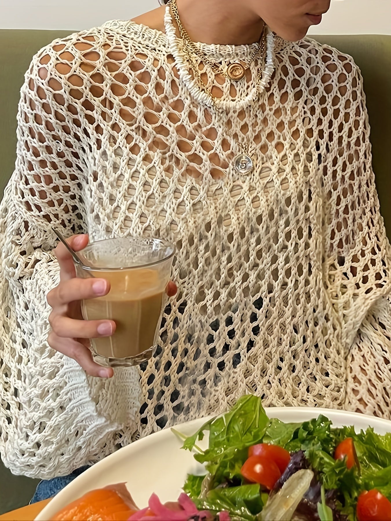 vlovelaw Crochet Cut Out Cover Up Top, Y2K Long Sleeve Crew Neck Top, Women's Clothing