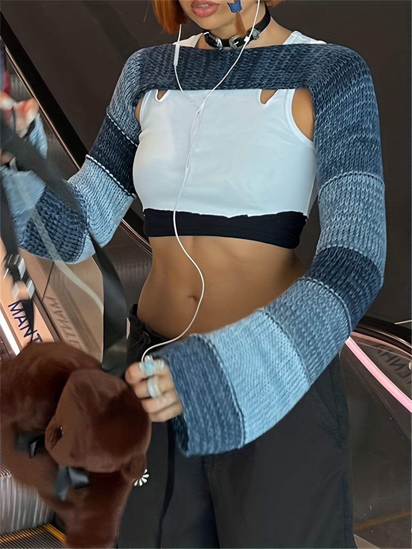 vlovelaw vlovelaw Y2K Color Block Knit Sweater, Sexy Cropped Long Sleeve Summer Sweater, Women's Clothing
