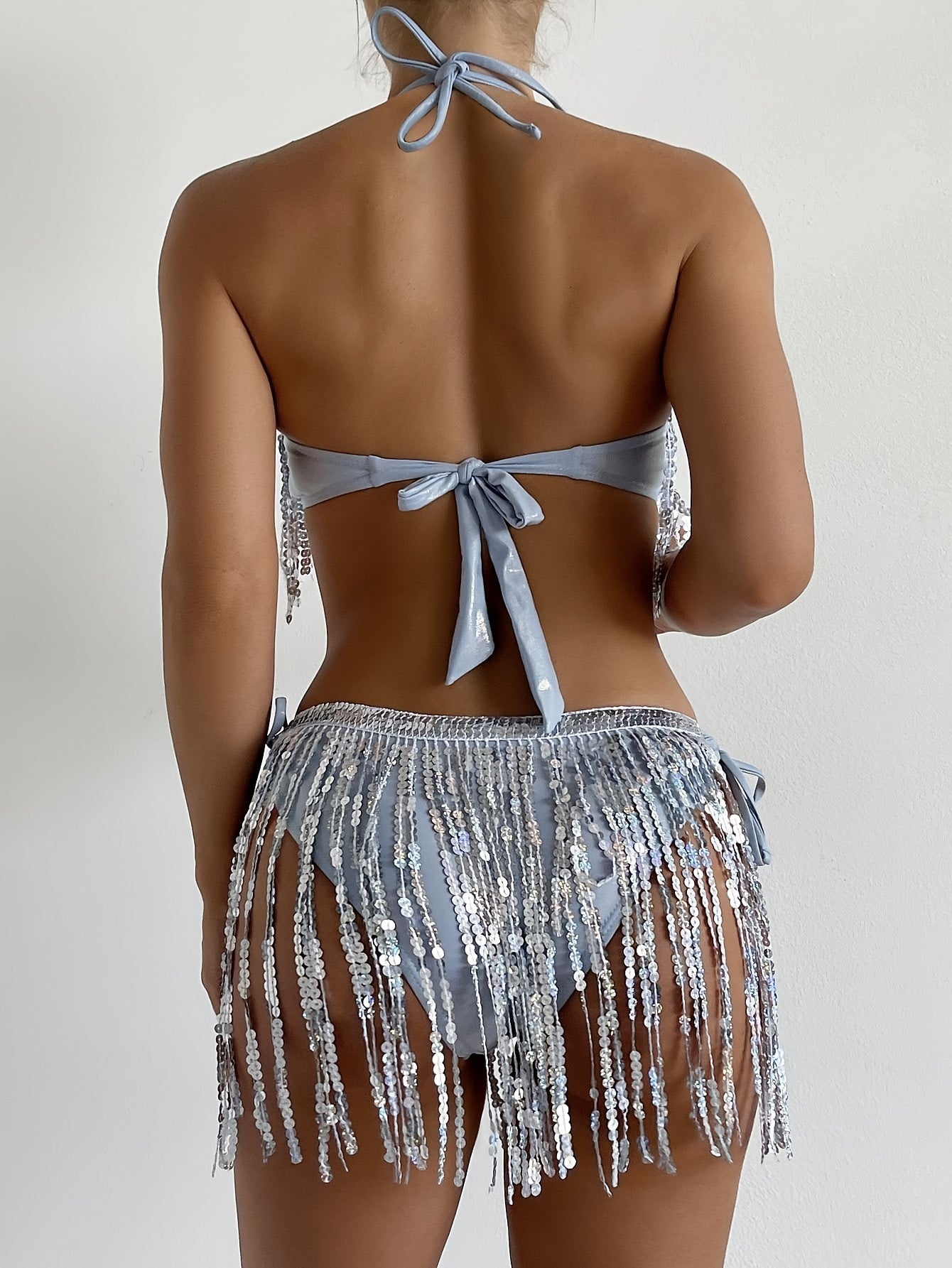 vlovelaw Sequin Fringe Trim 2 Piece Set Bikini, Y2K Style Halter Neck Tie Back Backless High Cut Swimsuits, Women's Swimwear & Clothing