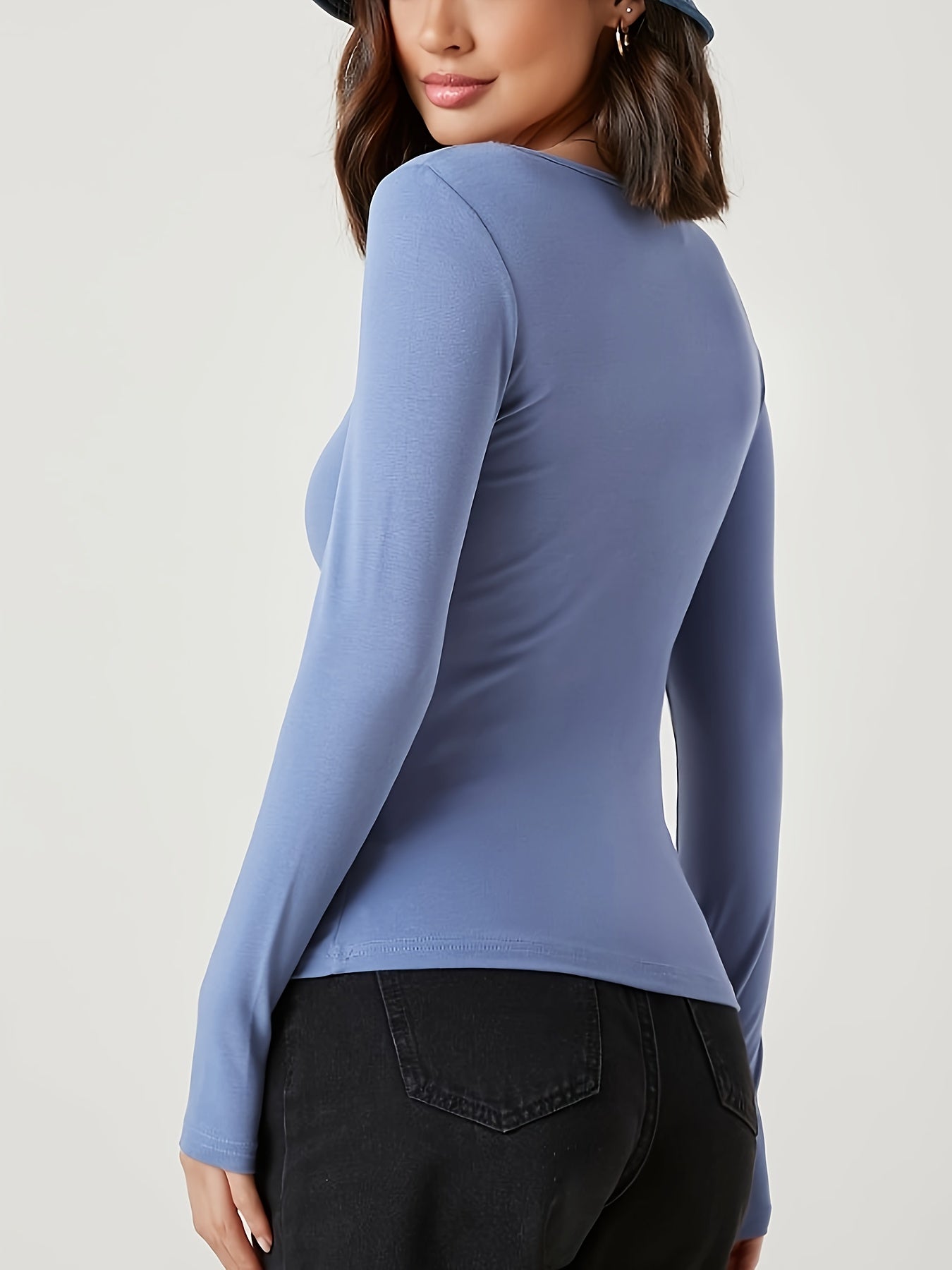 Solid Square Neck T-shirt, Elegant Long Sleeve Slim Top For Spring & Fall, Women's Clothing