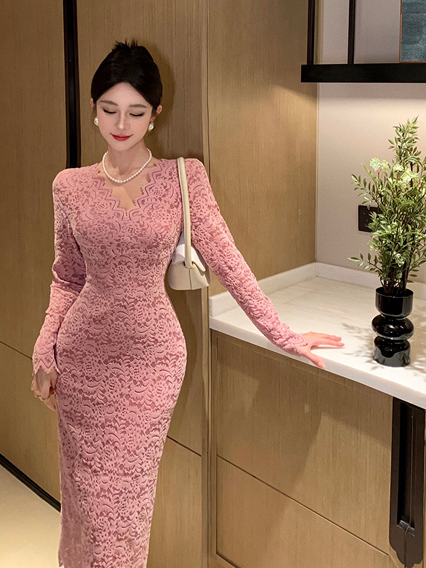 vlovelaw Solid V-neck Slim Dress, Elegant Long Sleeve Bodycon Dress For Spring & Fall, Women's Clothing