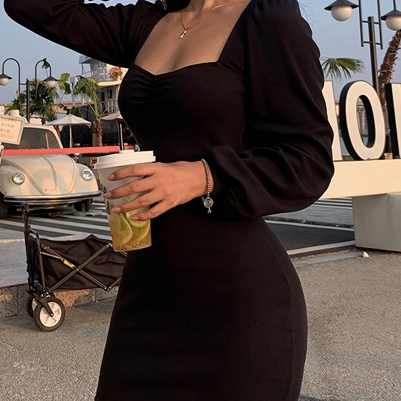 vlovelaw Squared Neck Lantern Sleeve Dress, Casual Solid Bodycon Bag Hip Dress, Women's Clothing