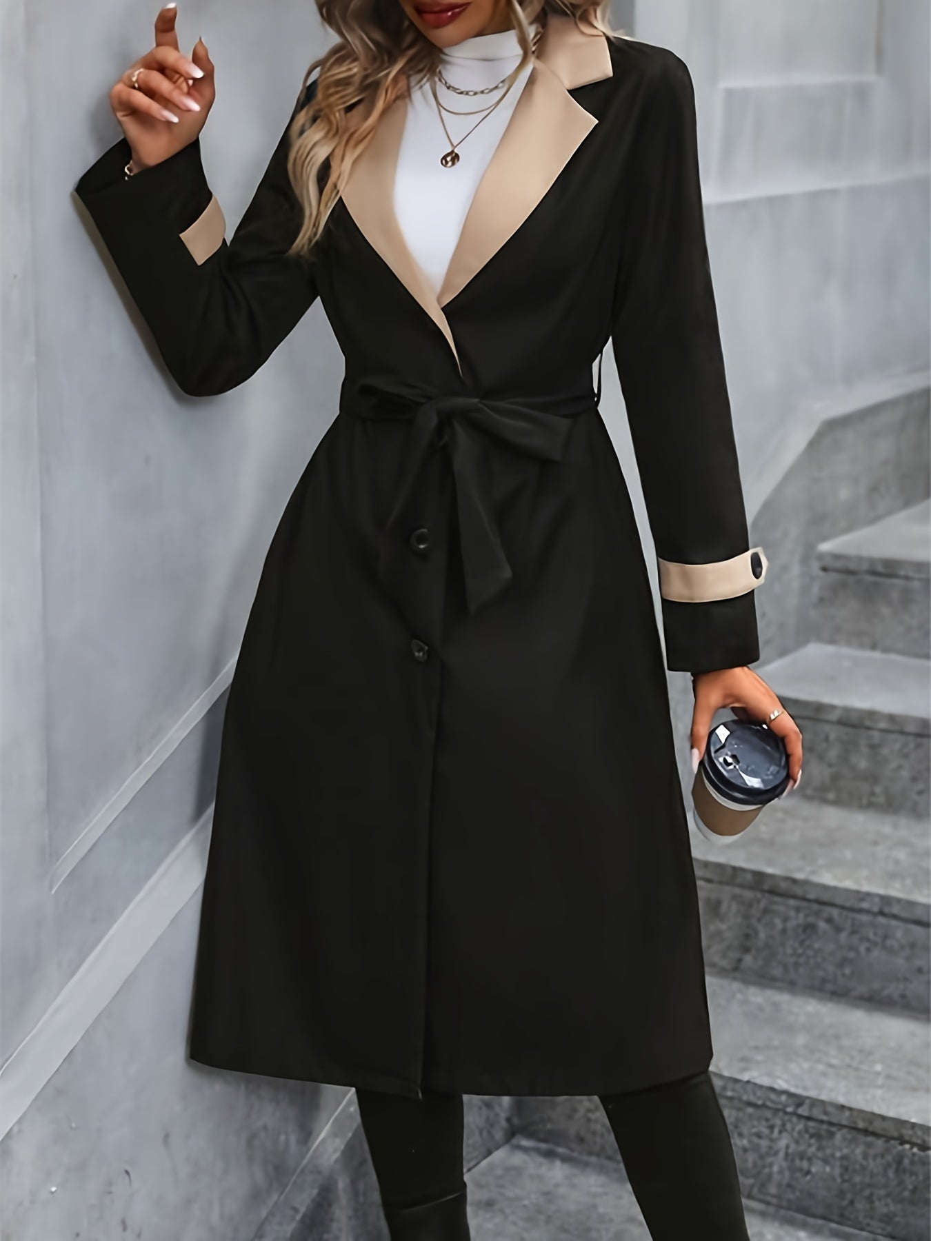 Button Front Notched Collar Coat, Casual Long Sleeve Mid Length Outerwear, Women's Clothing