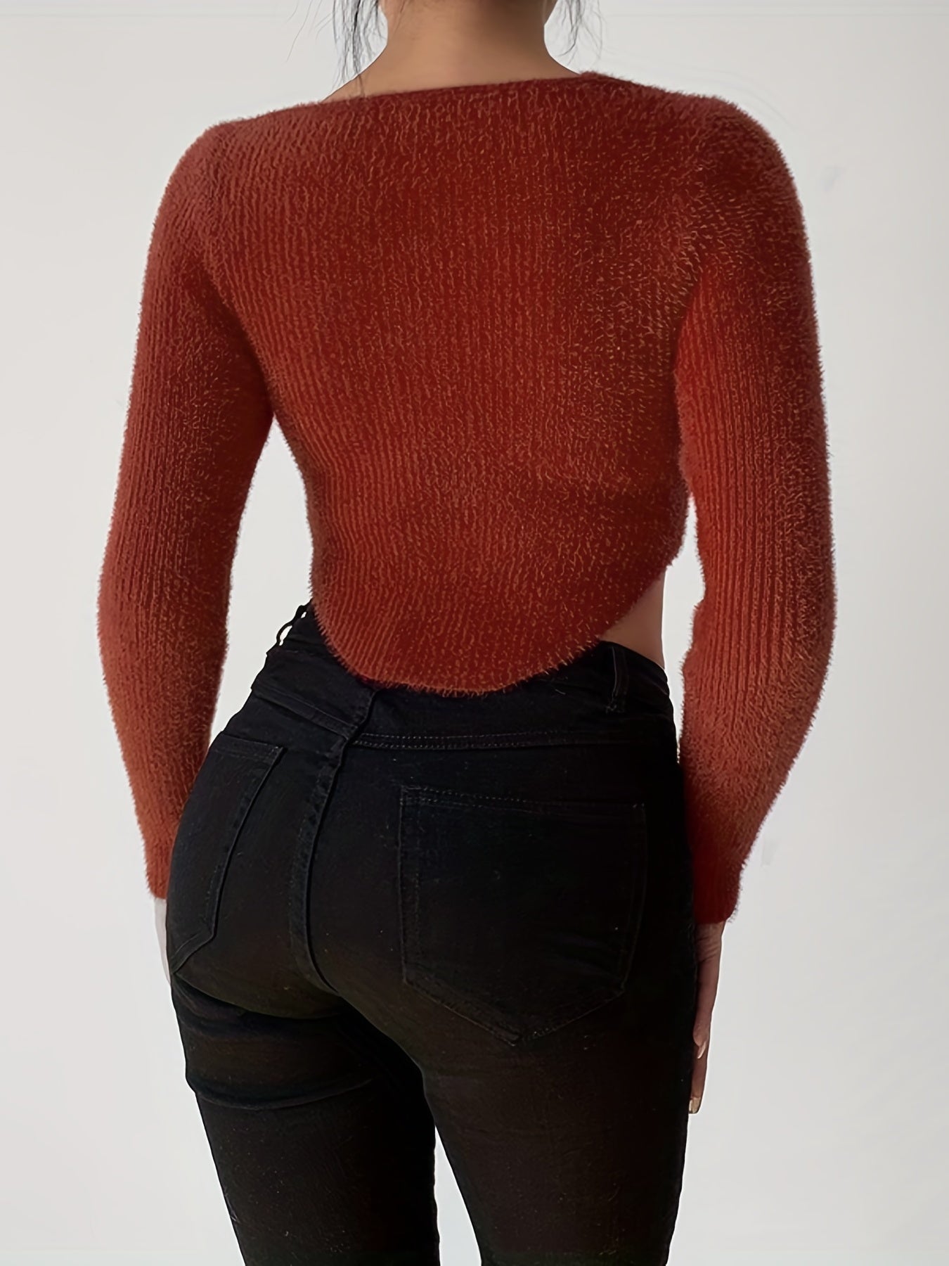 vlovelaw Solid Asymmetrical Hem Crop Sweater, Sexy Long Sleeve Sweater For Spring & Fall, Women's Clothing