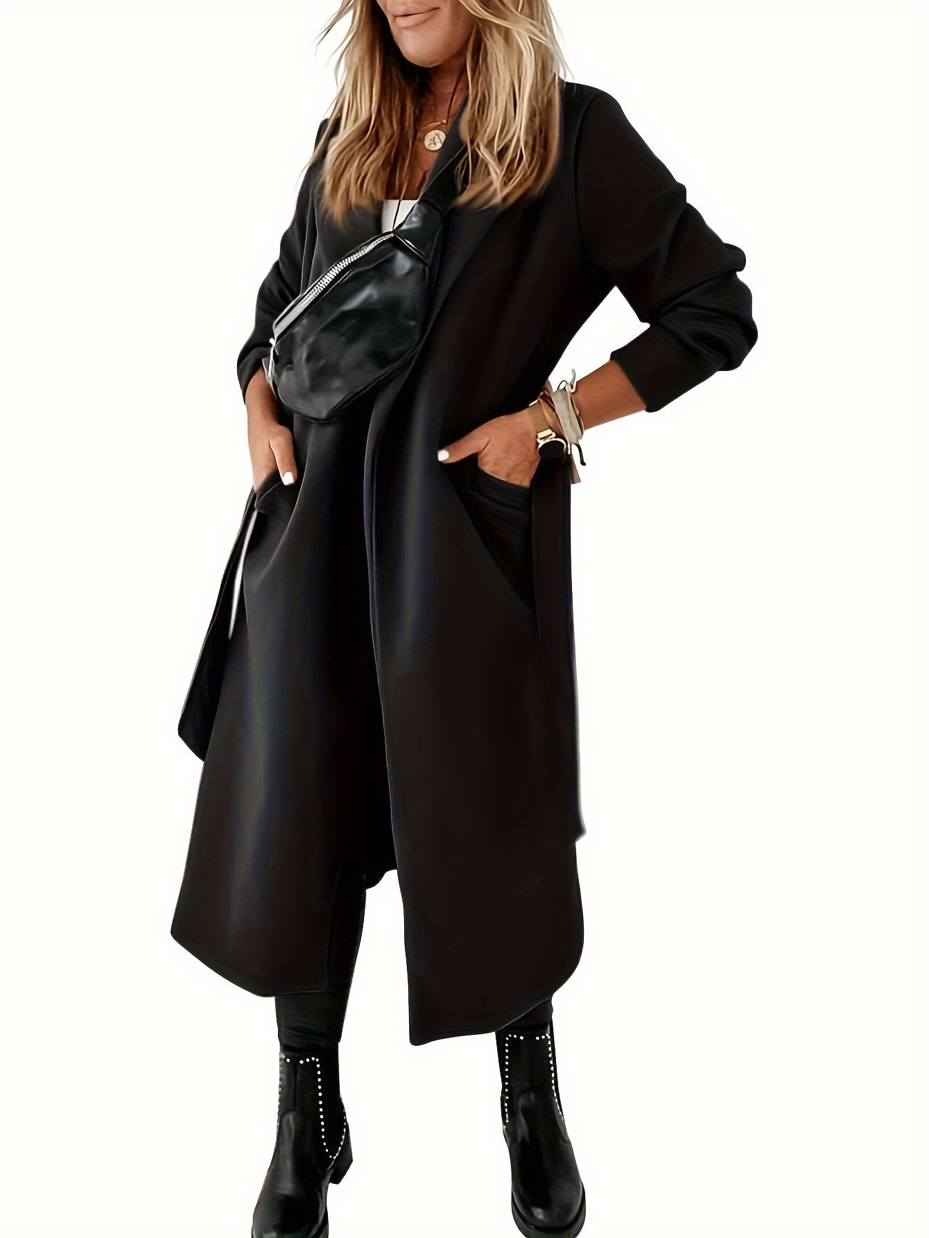 Open Front Mid Length Coat, Casual Solid Long Sleeve Outerwear, Women's Clothing
