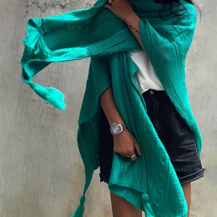 vlovelaw Ribbed Knitted Tassel Shawl Warm Windproof Wrap Poncho Boho Solid Color Cloak Trendy Sweater Cape Cardigan