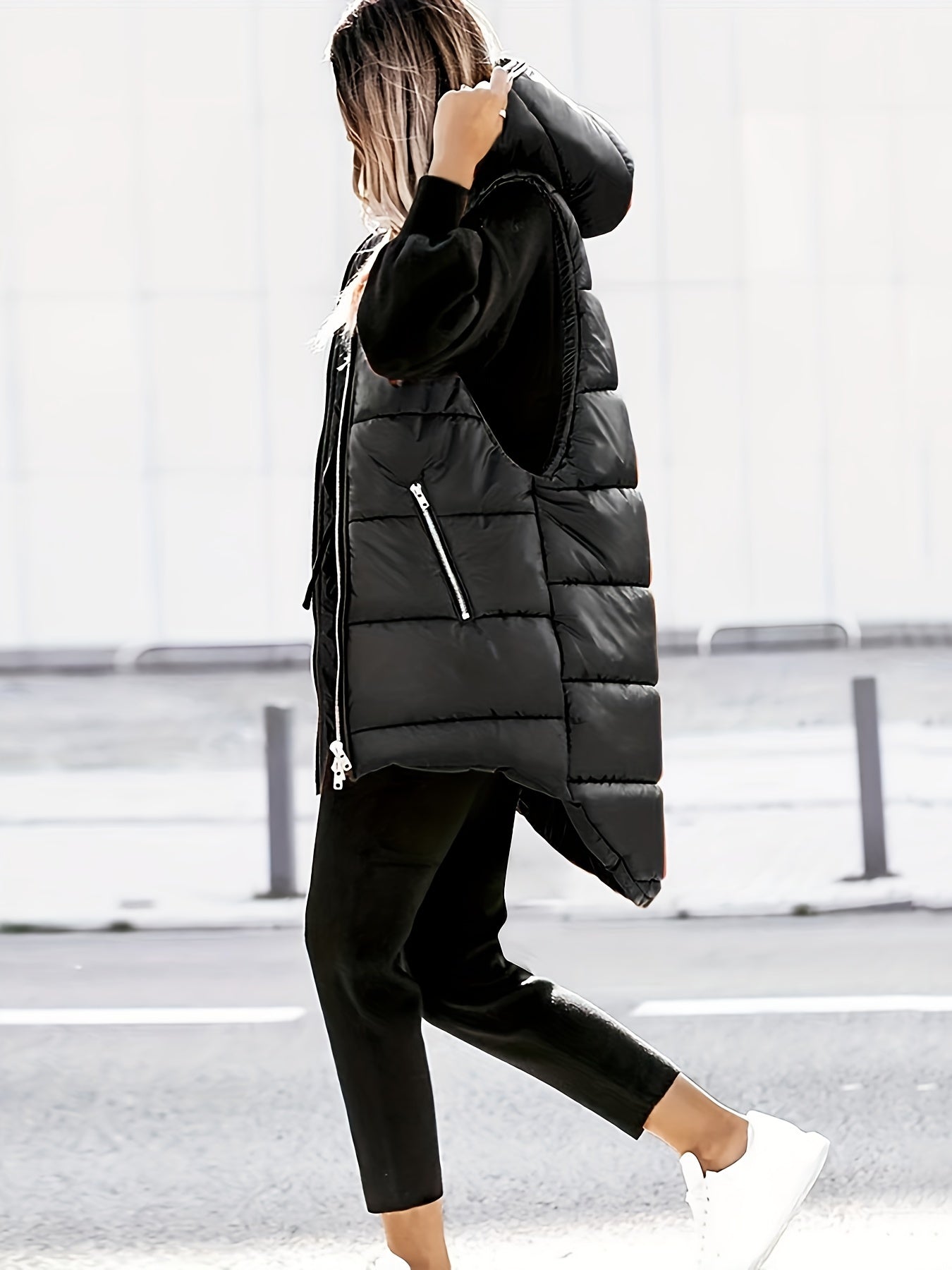 vlovelaw Sleeveless Oversized Parka, Zip Up Solid Casual Outwear For Winter & Fall, Women's Clothing