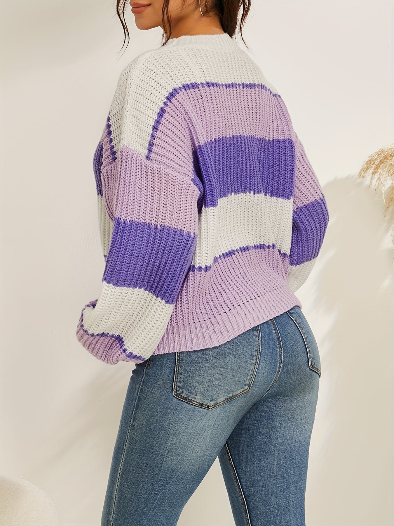 vlovelaw Striped Print Knit Sweater, Casual Crew Neck Long Sleeve Pullover Sweater, Women's Clothing