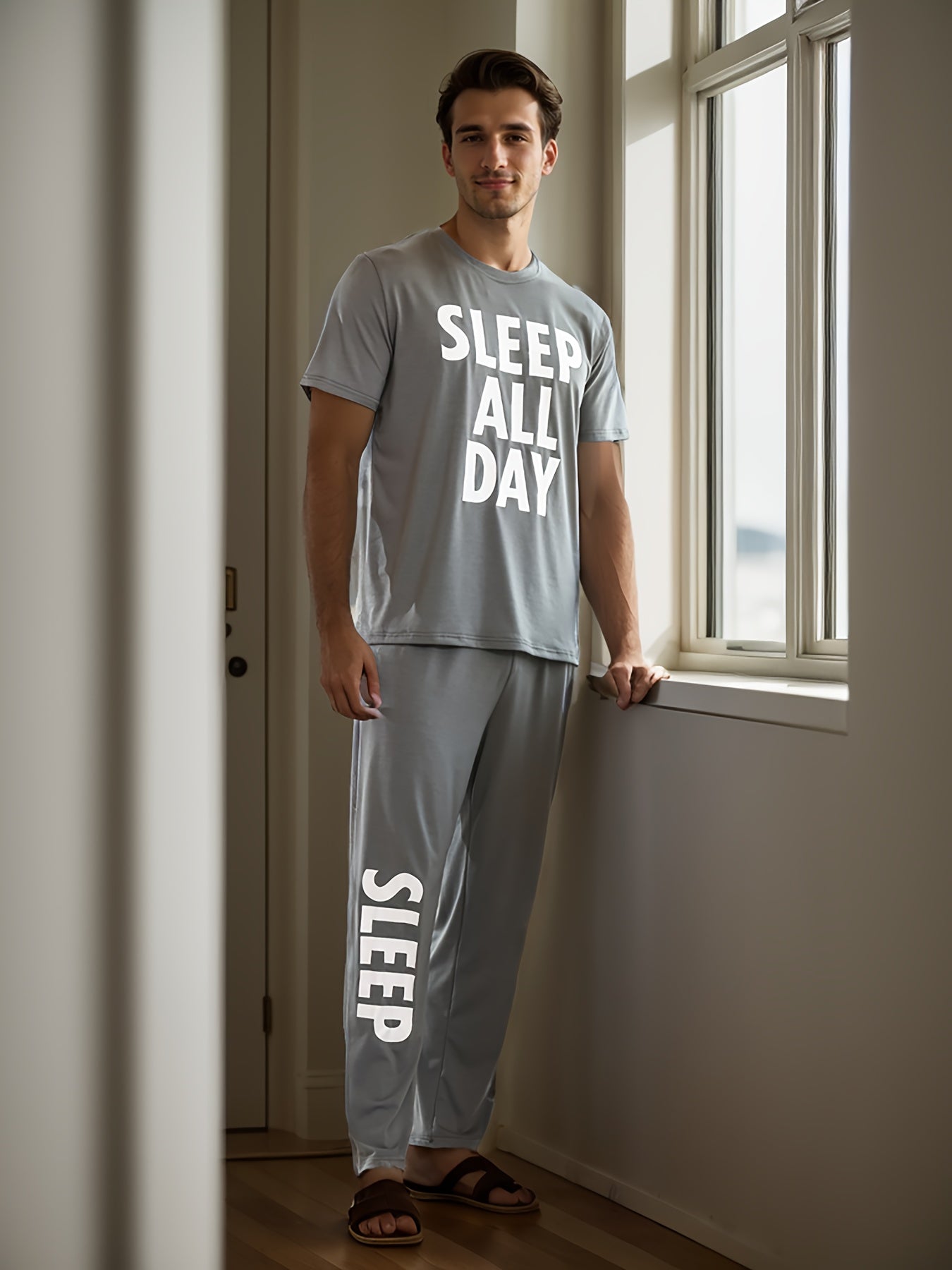 Men's 2 Pcs Comfy And Leisure Loungewear Suit - Simple Letter Printed Short-sleeved T-shirt & Trousers
