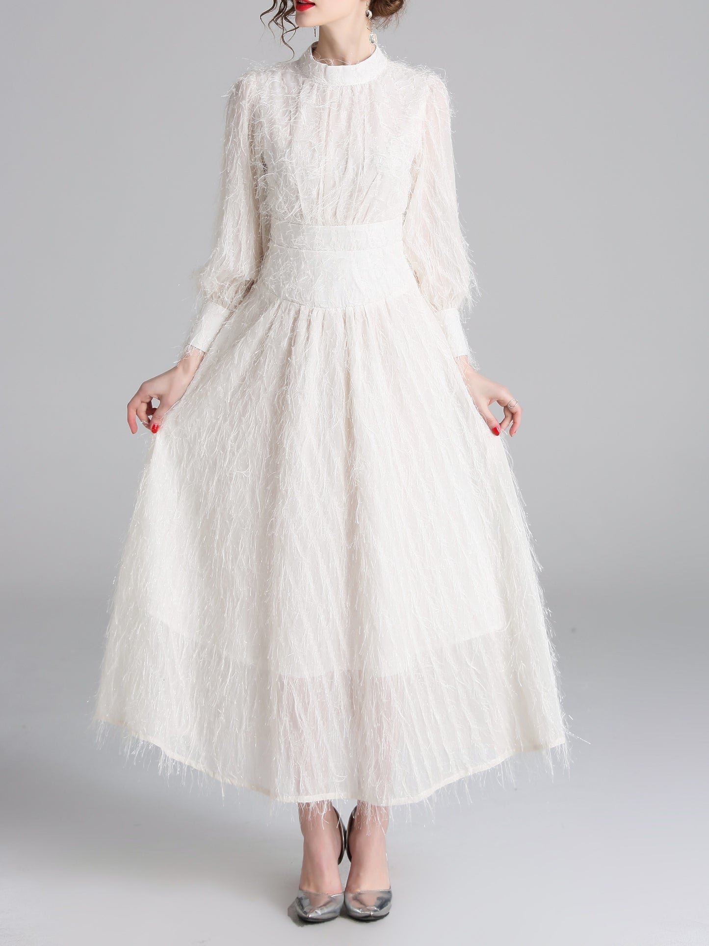 vlovelaw Solid Mock Neck Fluffy Dress, Elegant Lantern Long Sleeve Dress For Spring & Fall, Women's Clothing