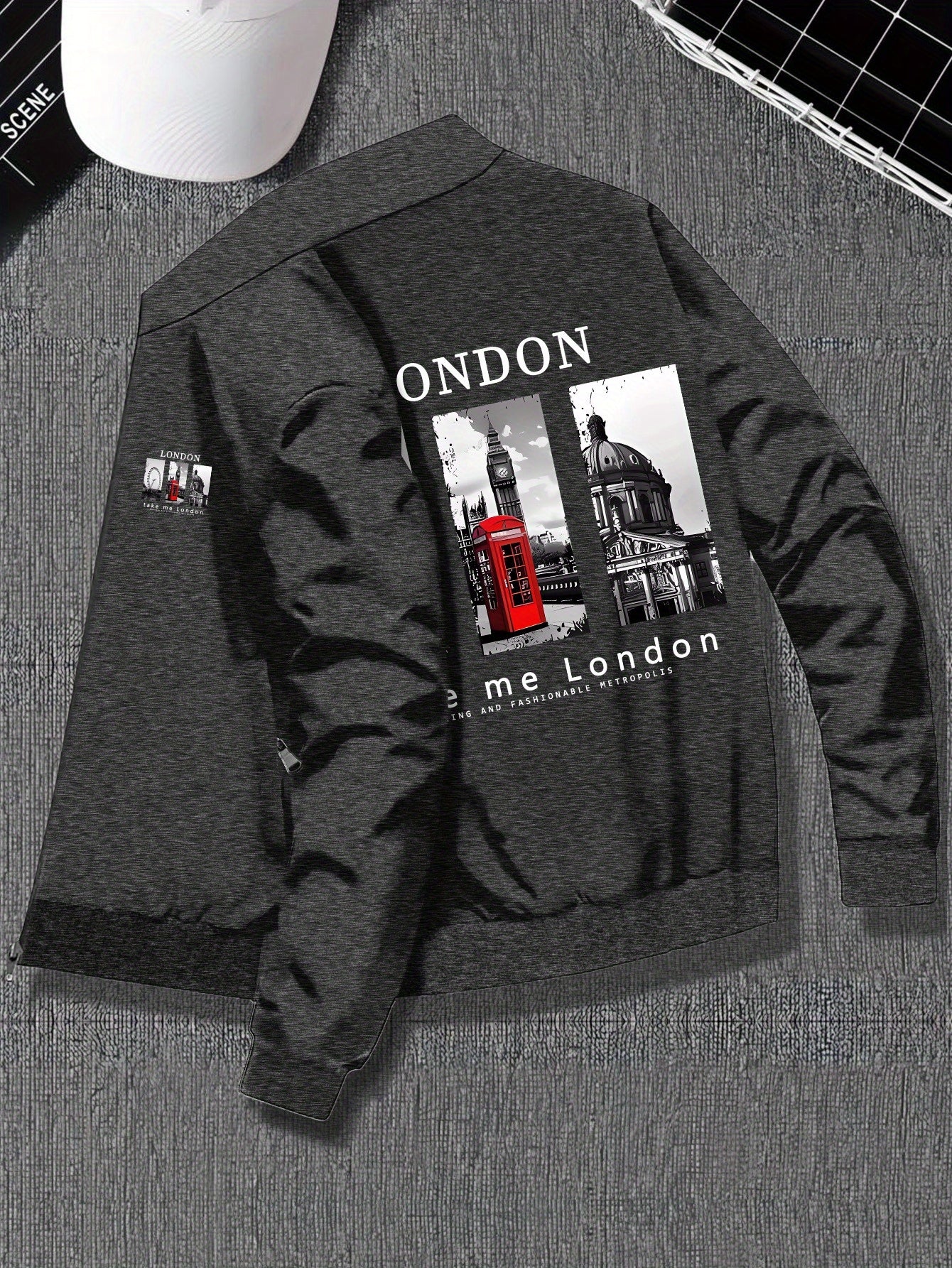 Plus Size Men'S Varsity Jacket with Stand Collar, Casual Polyester Blend, Zipper Closure, Regular Fit, No Lining, Stretch Fabric, Pockets, London Print Design