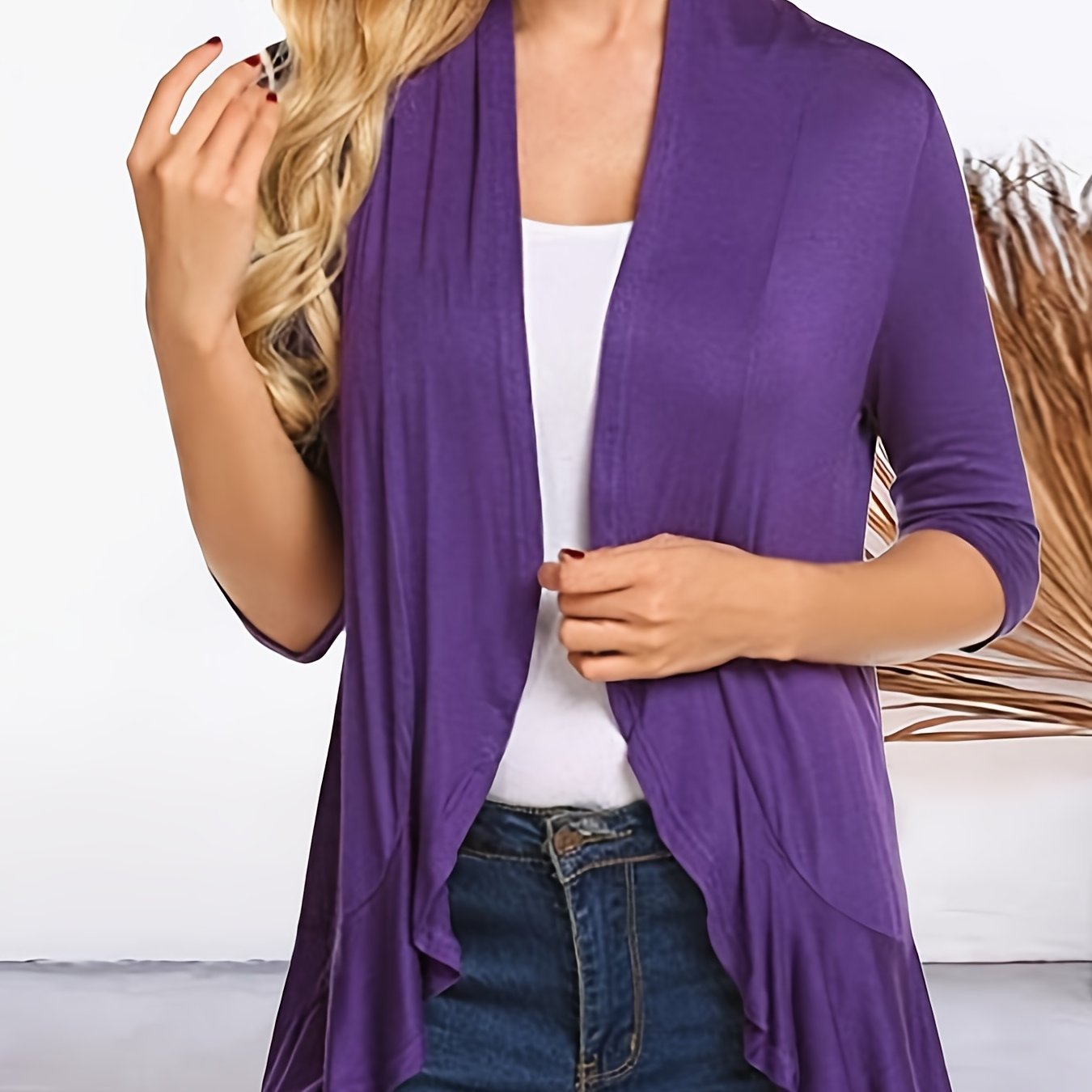 vlovelaw V-neck Loose Pleated Cardigans, Casual Frill Solid 3/4 Sleeve Spring Summer Fall Cardigan, Women's Clothing