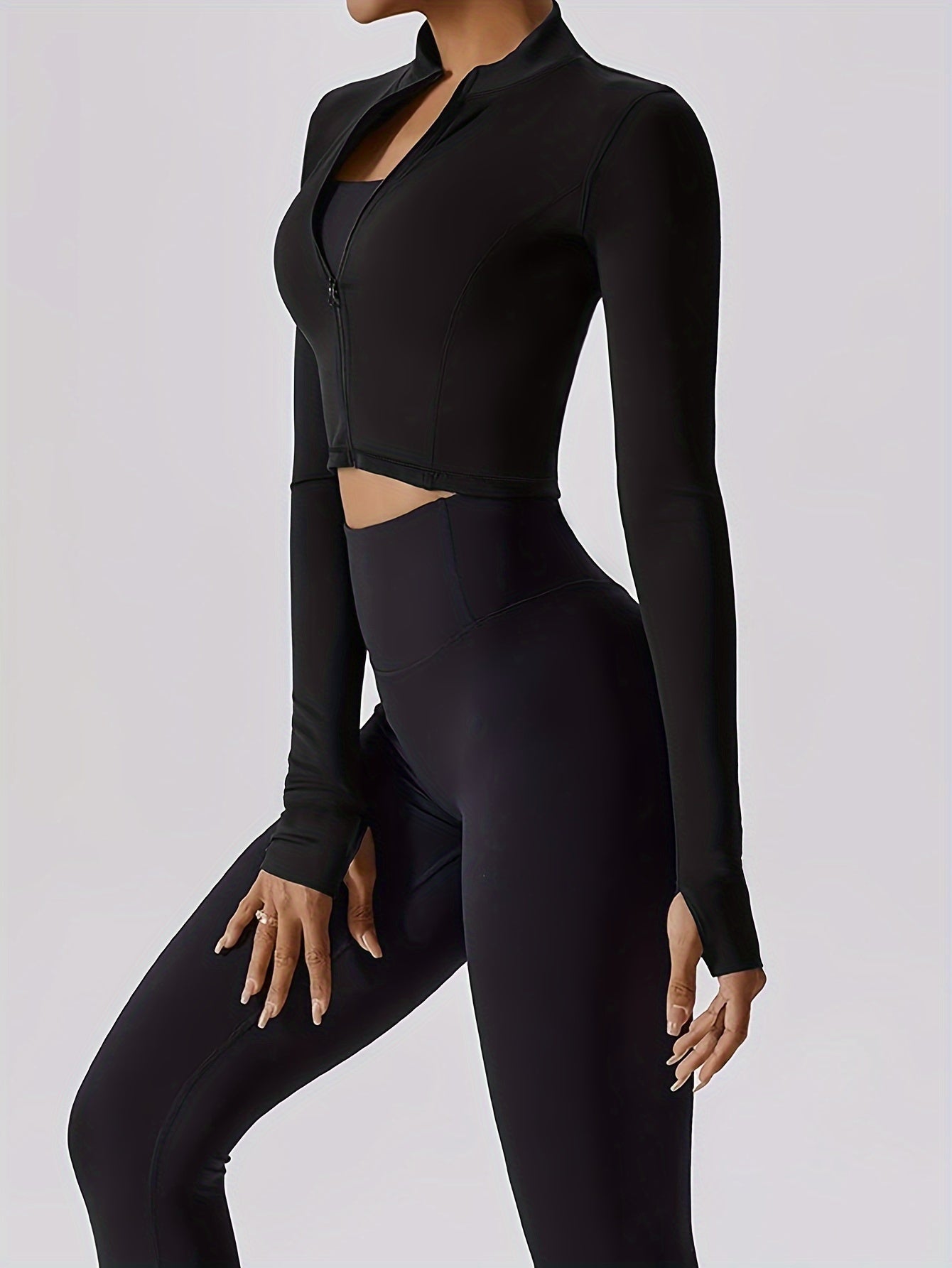 vlovelaw Solid Color Long Sleeve Thumb Hole Yoga Jacket, Casual Sports Running Top, Women's Tops