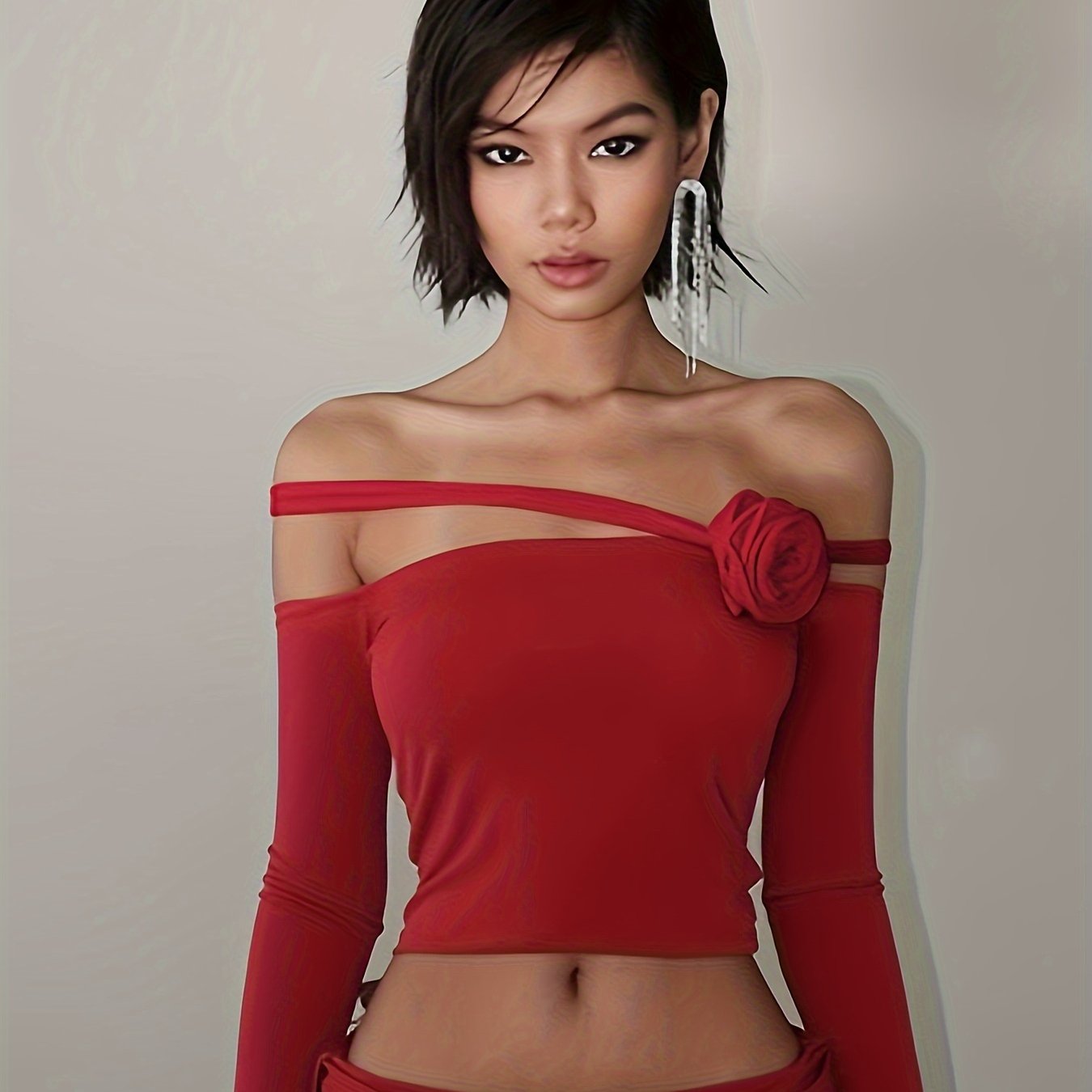 vlovelaw Solid Off Shoulder Stereo Flower T-shirt, Y2K Long Sleeve Asymmetric Sexy Top, Women's Clothing