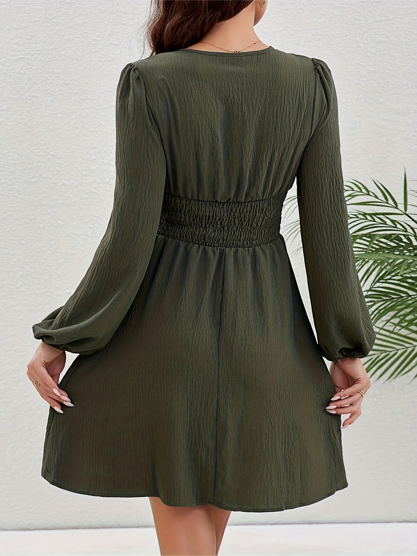Ruched V Neck Dress, Elegant Lantern Long Sleeve Solid Dress, Women's Clothing