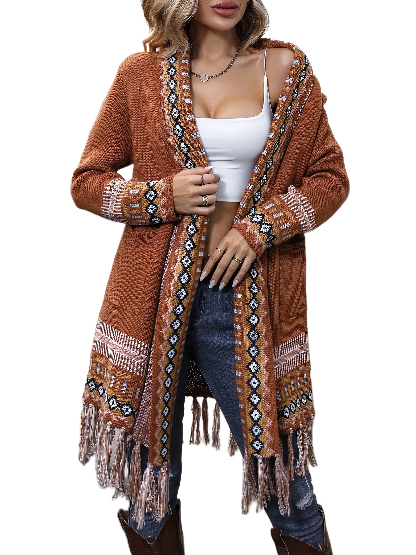 Ethnic Pattern Tassel Trim Knit Cardigan, Vintage Open Front Long Sleeve Pocket Sweater, Women's Clothing