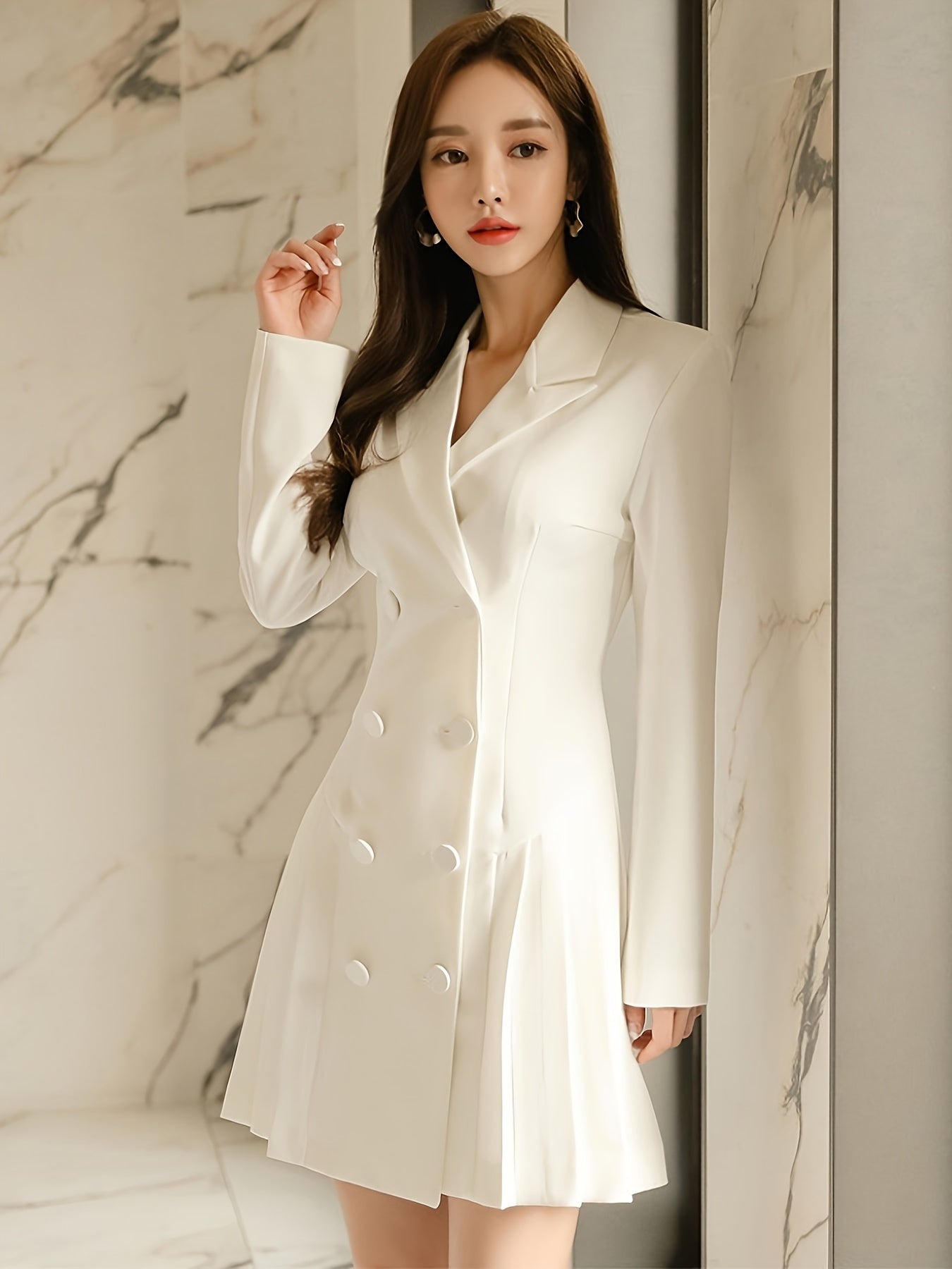 vlovelaw Double Breasted Pleated Blazer, Elegant Solid Long Sleeve Mid Length Outerwear, Women's Clothing
