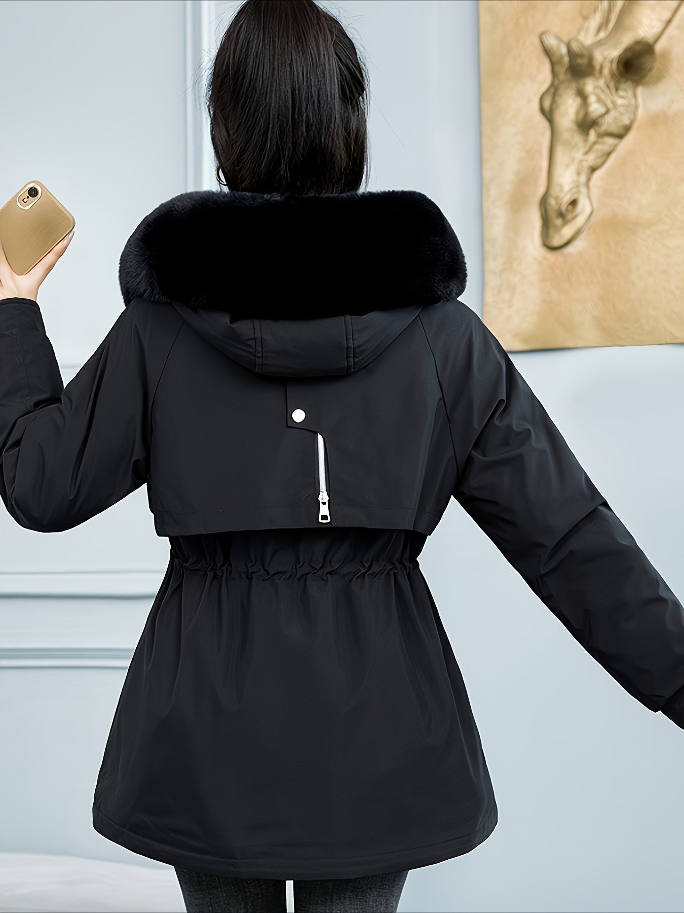 Women's Winter Parka - Casual Long Sleeve, Faux Fur Hooded Coat with Drawstring Waist & Plush Lining for Warmth