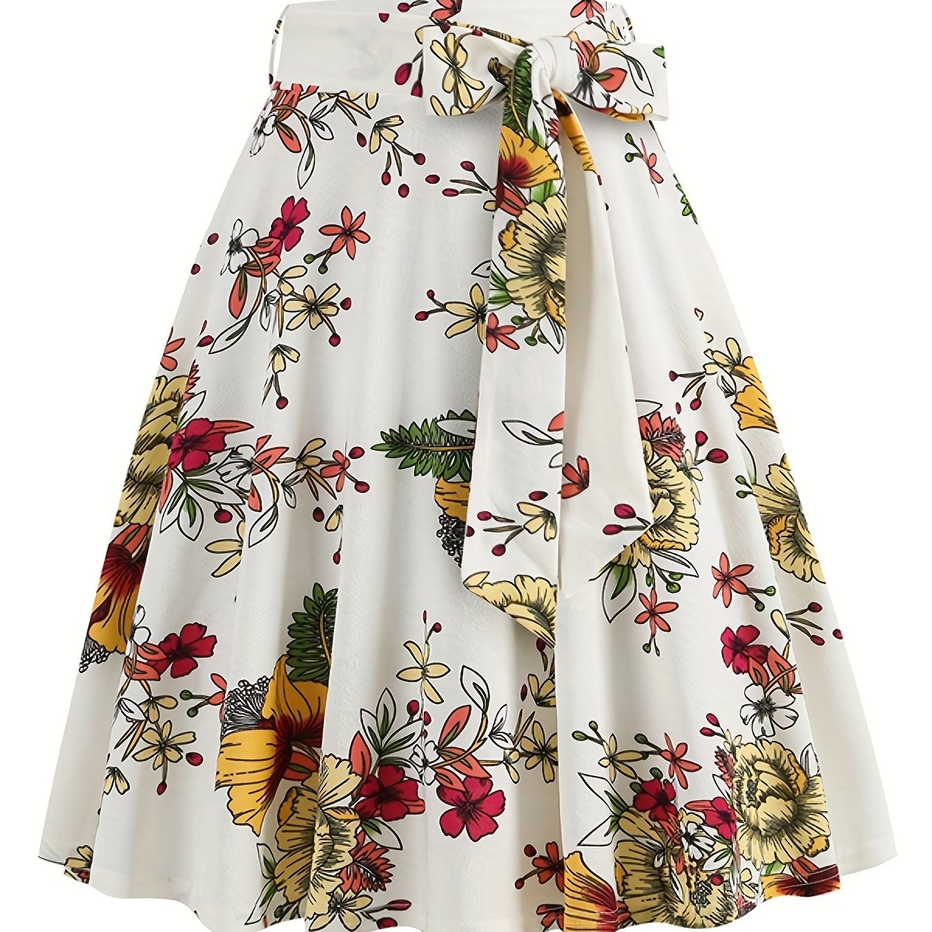 vlovelaw Polka Dot Print Pleated Skirts, Vintage Bow Flare Skirts For Spring & Summer, Women's Clothing