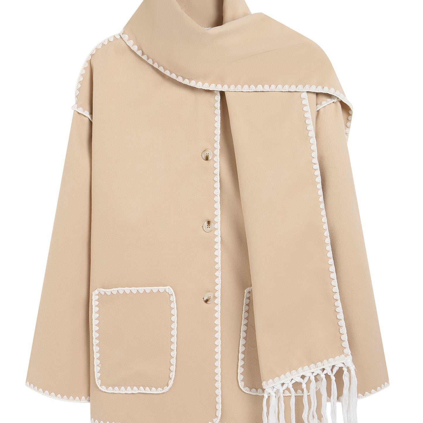 vlovelaw Contrast Trim Button Front Coat, Casual Long Sleeve Warm Outerwear, Women's Clothing