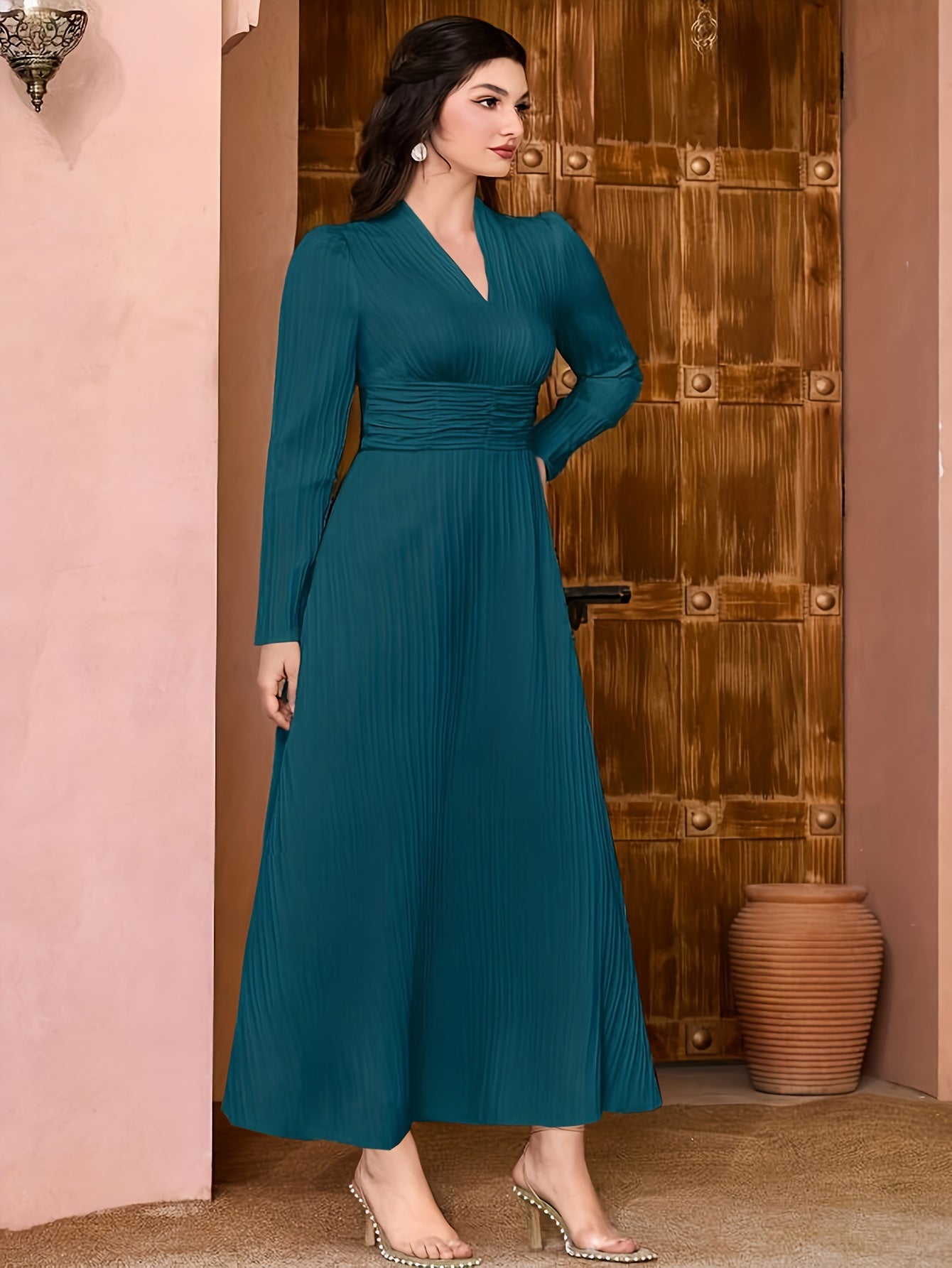 vlovelaw Solid V Neck Dress, Elegant Long Sleeve Shirred Waist Dress, Women's Clothing