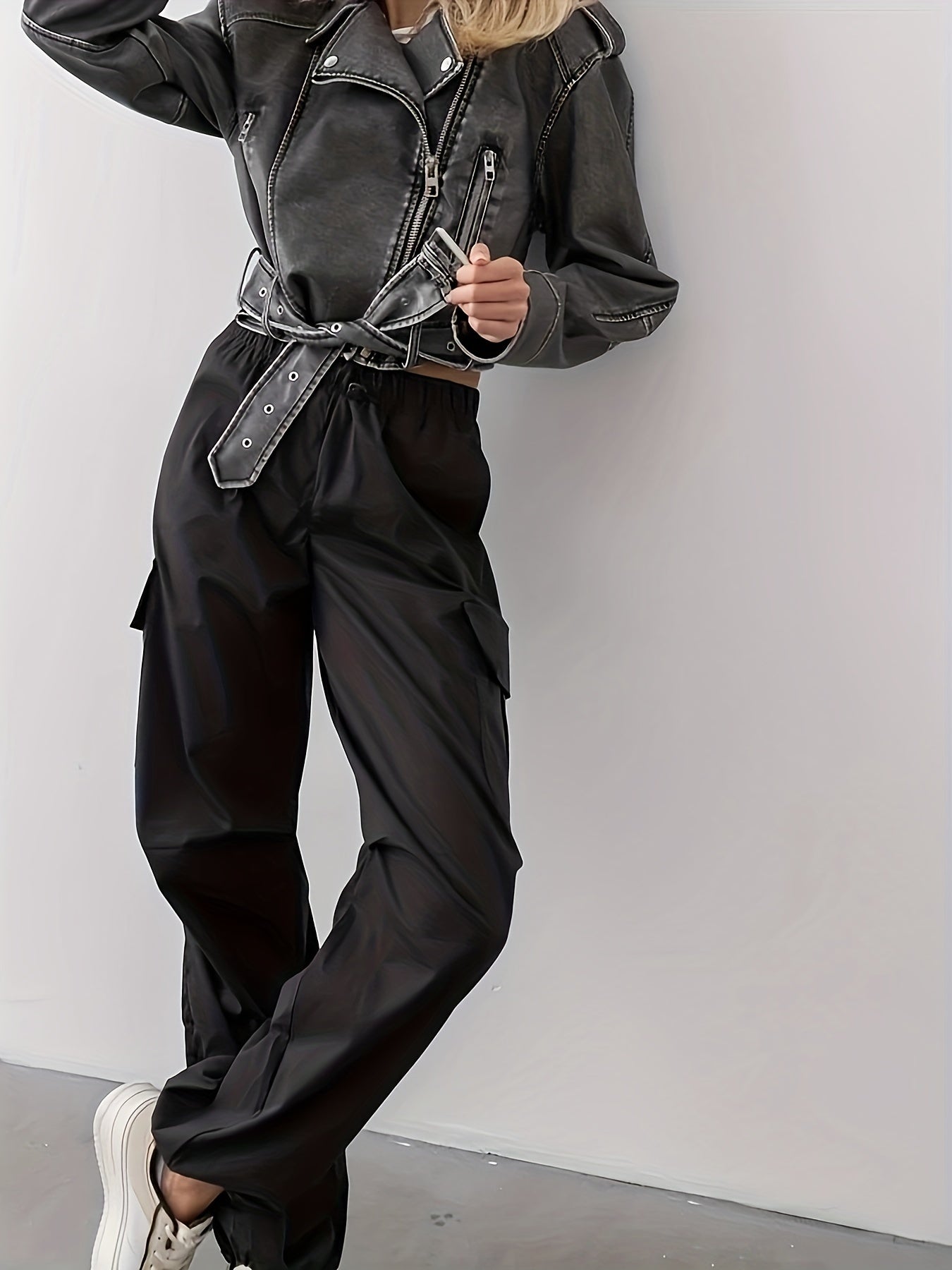 vlovelaw  Faux Leather Pockets Motor Jacket, Casual Long Sleeve Crop Jacket For Fall & Winter, Women's Clothing