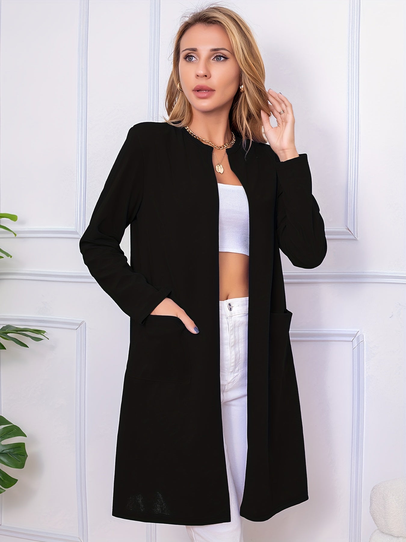 vlovelaw Long Length Open Front Coat, Casual Long Sleeve Solid Outerwear, Women's Clothing