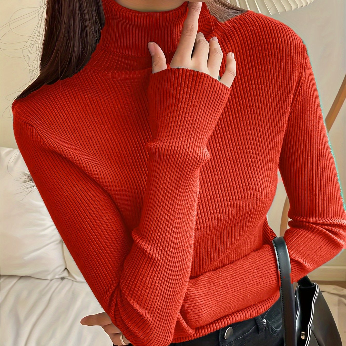vlovelaw Solid Color Turtleneck Sweater, Casual Long Sleeve Sweater For Fall & Winter, Women's Clothing
