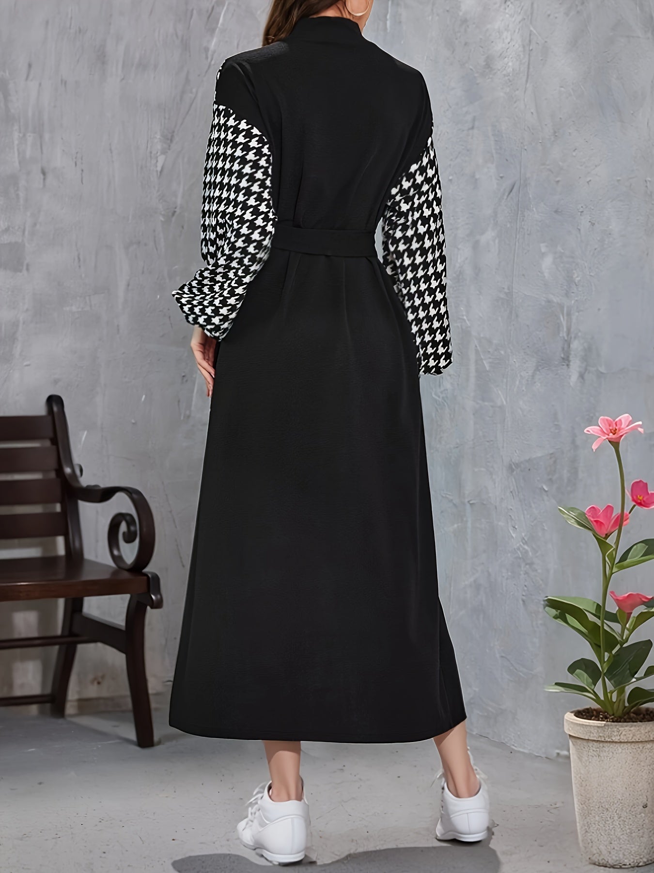 vlovelaw Houndstooth Print Splicing Mock Neck Dress, Casual Cinched Waist Long Sleeve Belted Dress, Women's Clothing