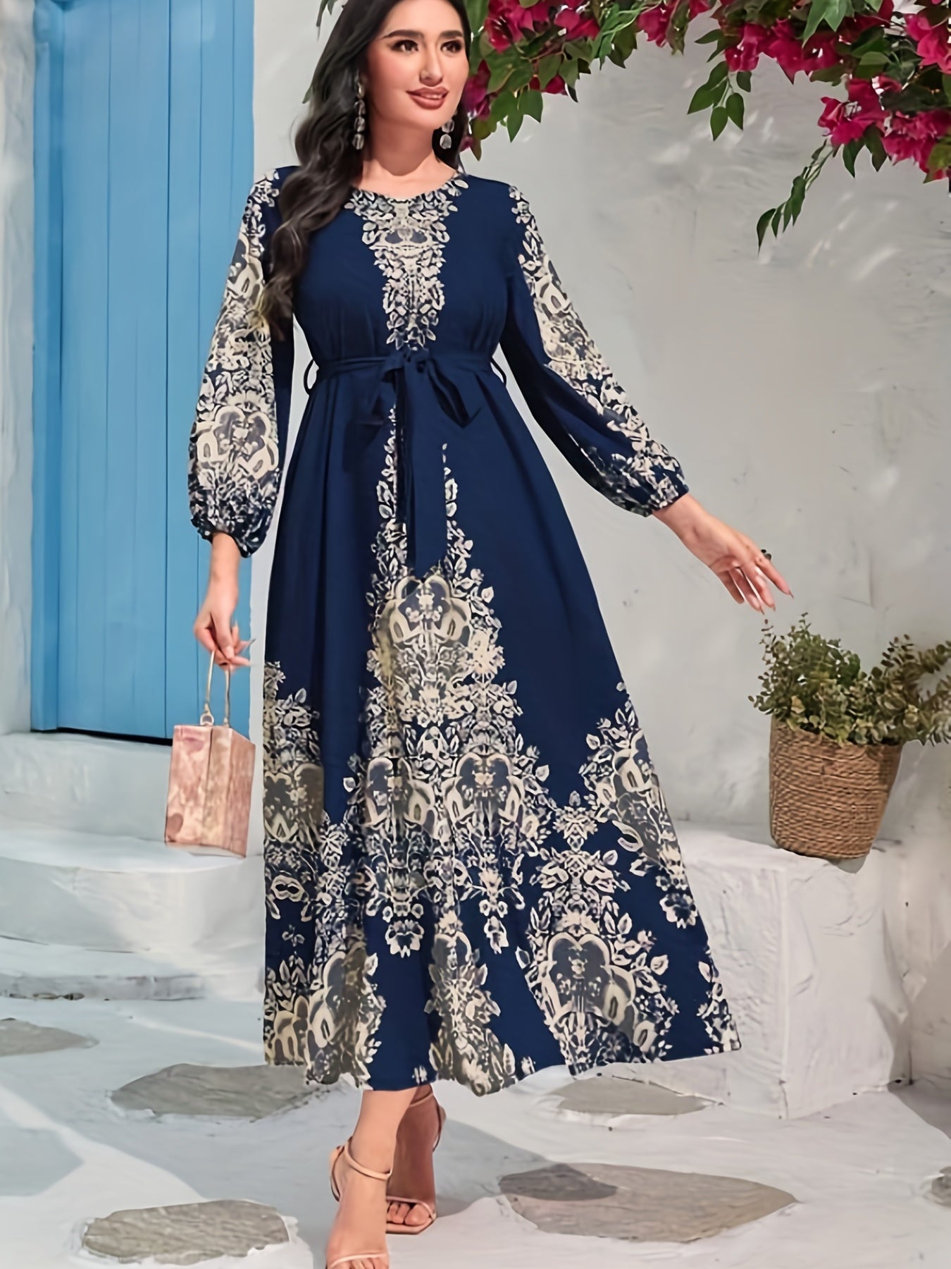 Graphic Print Tie Waist Kaftan Dress, Elegant Lantern Sleeve Maxi Length Dress, Women's Clothing