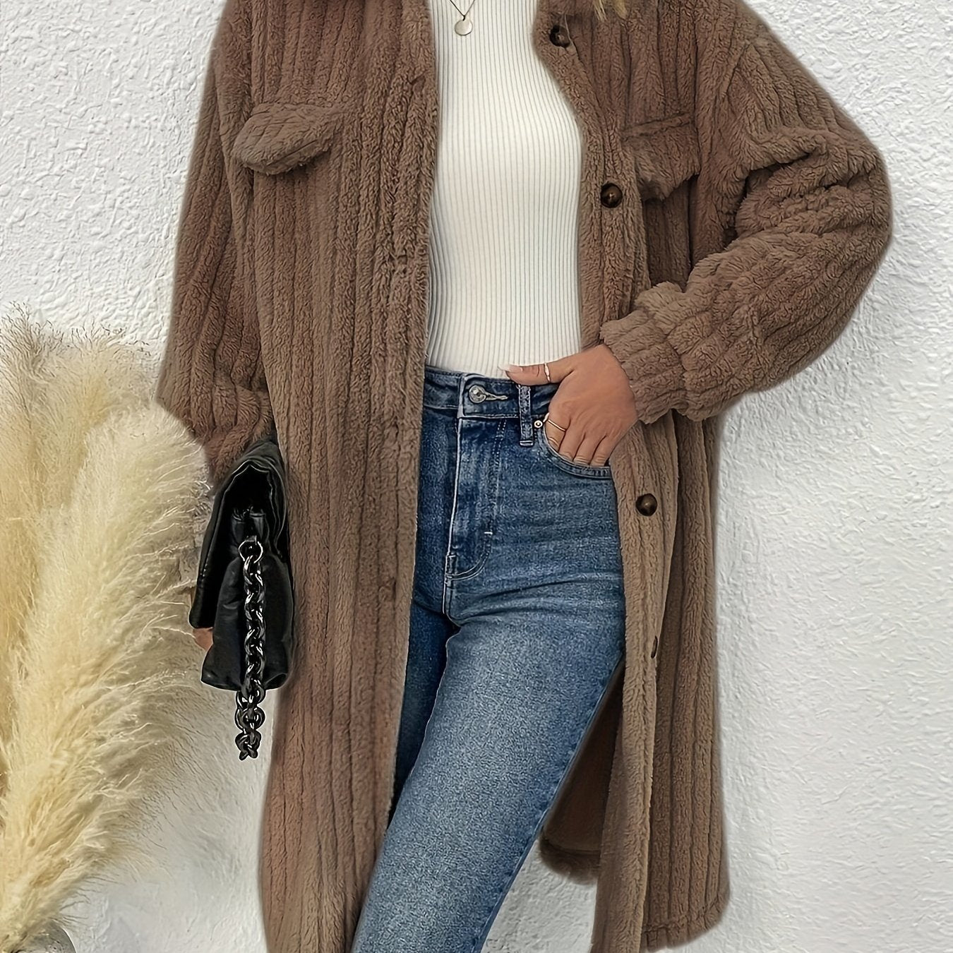 vlovelaw Button Front Lapel Plush Coat, Long Sleeve Textured Outwear For Winter, Women's Clothing