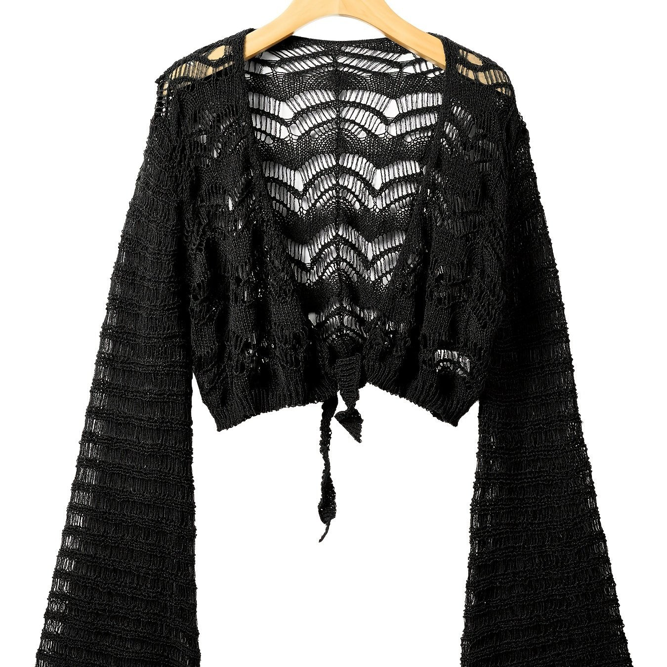 vlovelaw vlovelaw Crochet Cropped Knit Cardigan, Boho Flared Sleeve Solid Sweater, Women's Clothing