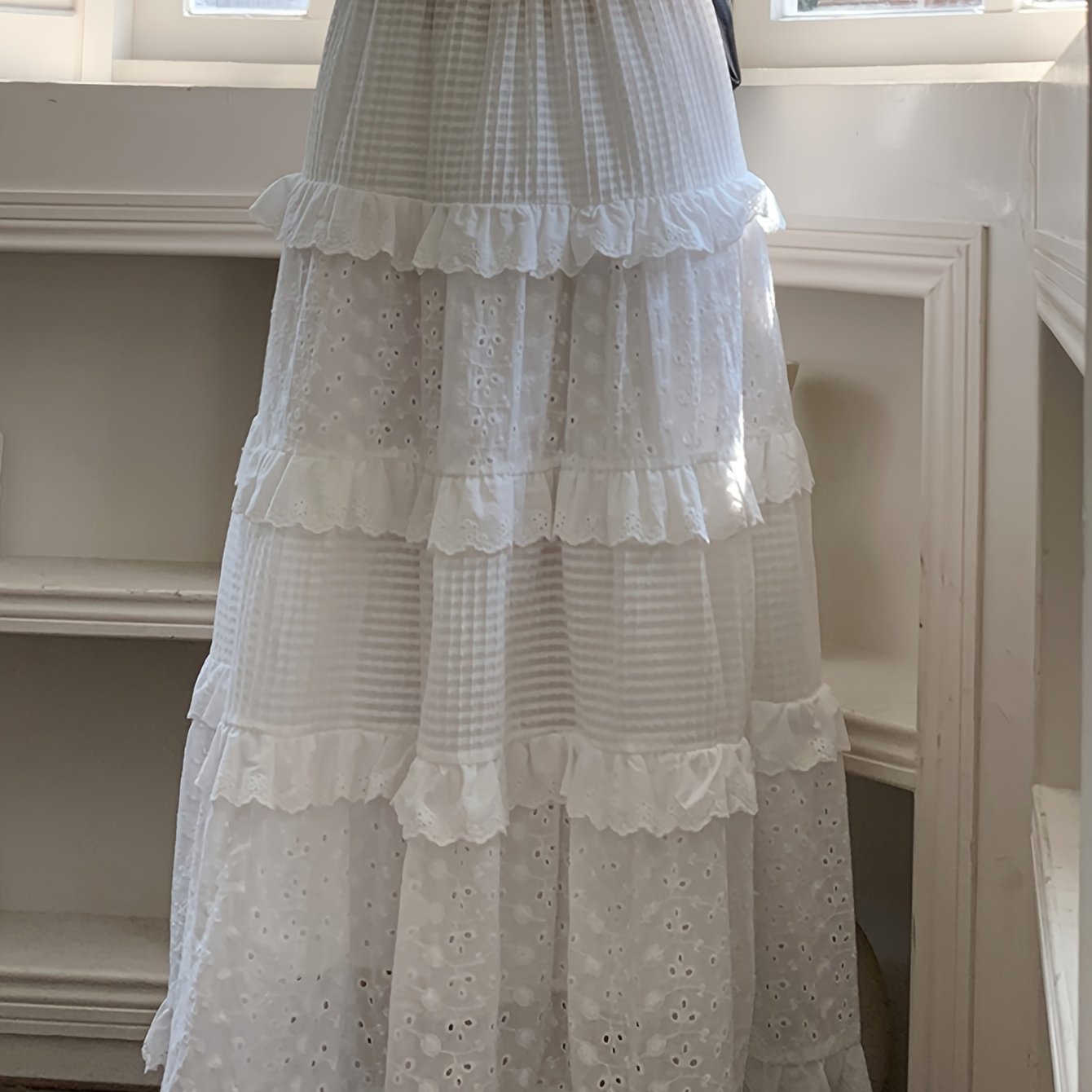 vlovelaw Eyelet Embroidered Layer Ruffle Maxi Skirt, Boho Elastic Waist A Line Skirt, Women's Clothing