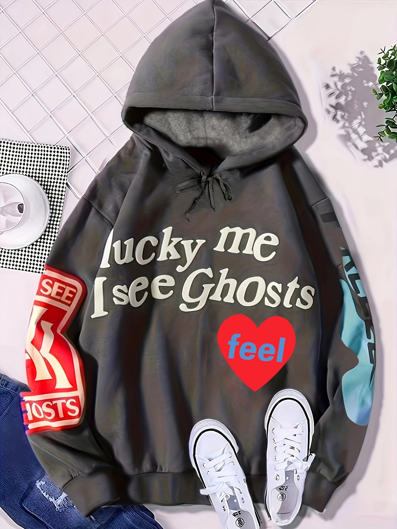 vlovelaw Lucky Me I See Ghosts Letter Graphic Casual Sports Sweatshirt For Halloween, Fashion Hip Hop Pullover Hoodie, Women's Tops