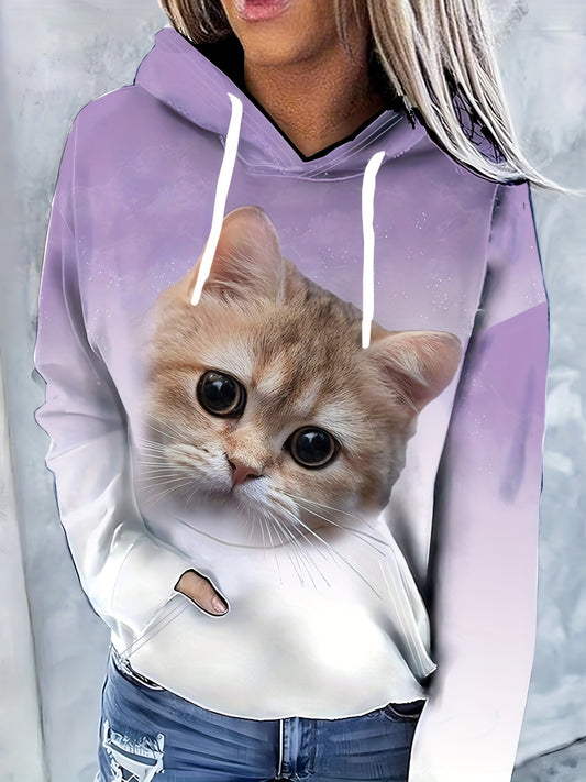 3D Cat Graphic Sports Hoodie,Printed Drawstring Long Sleeve Hooded Sweatshirts,Women's Sporty Sweatshirts