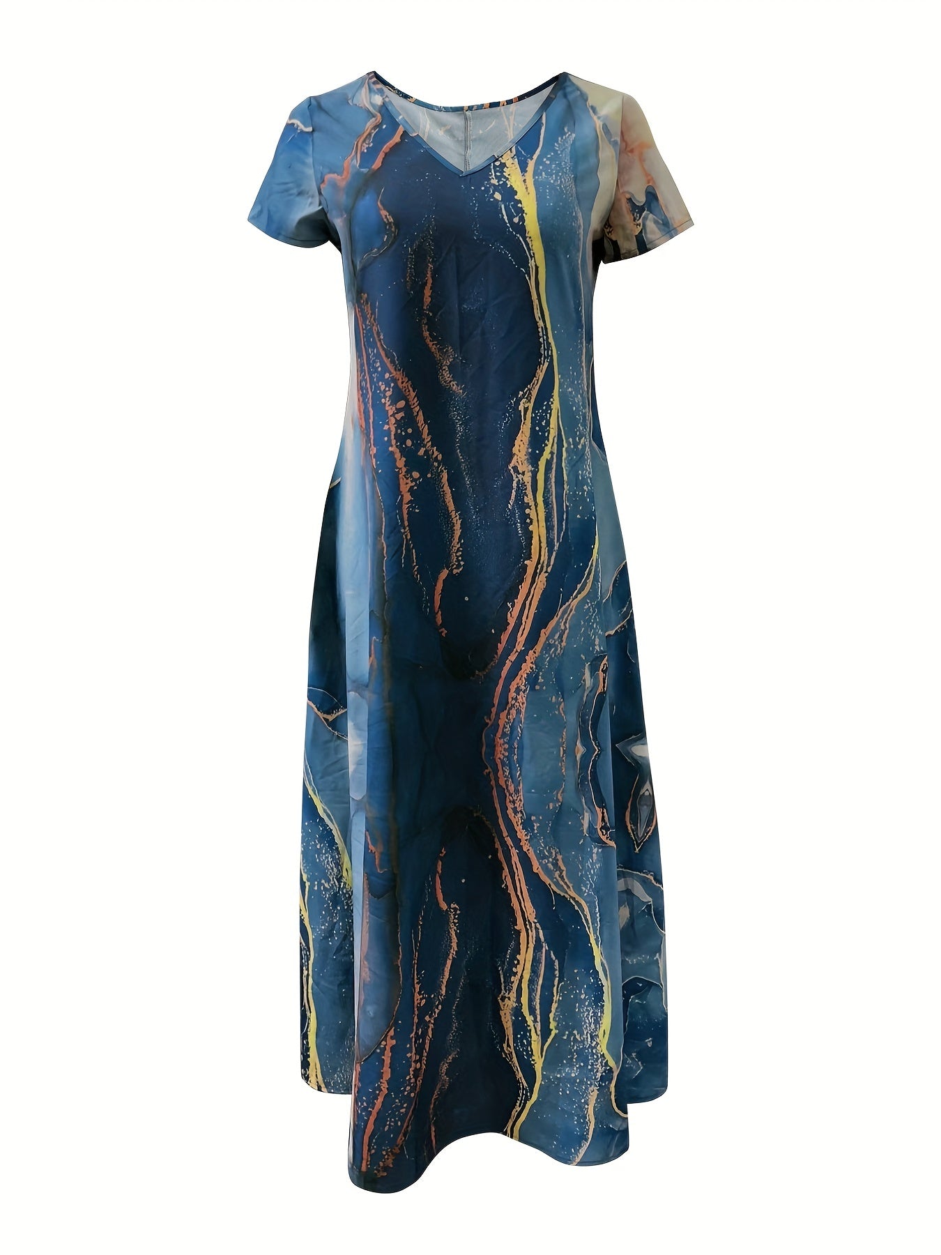 Marble Print Dress, Boho V Neck Short Sleeve Summer Dress, Women's Clothing