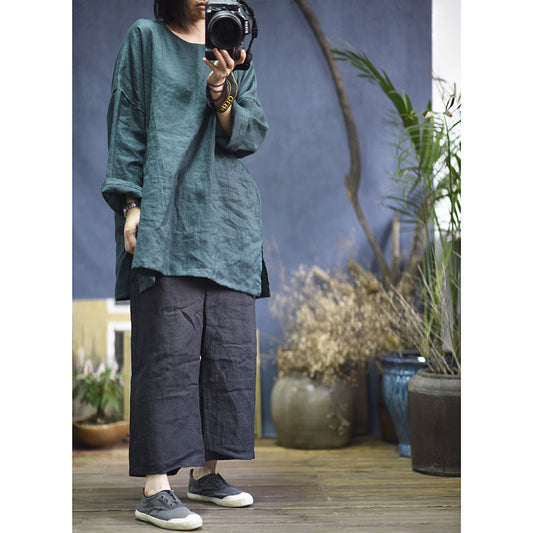 2025    Su Nian Weiyang, Autumn Zen/Cotton and Linen Retro Spring and Autumn Pullover Split Sleeve Hemp Shirt Women's Clothing