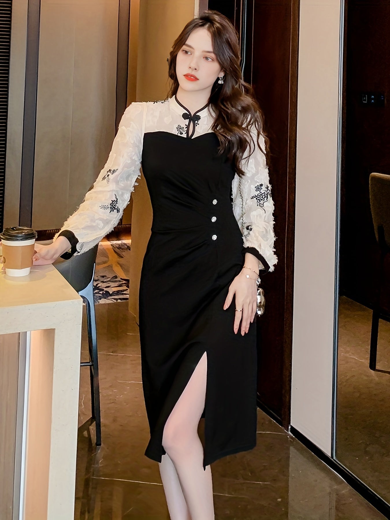 Split Hem Dress, Elegant Long Sleeve Slim Ruched Midi Dress, Women's Clothing