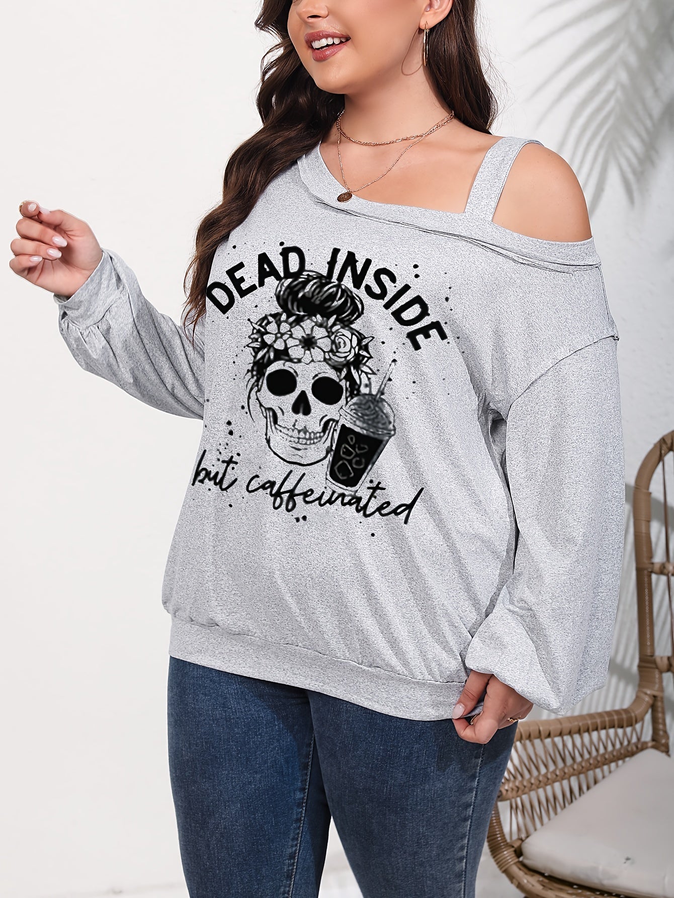 Plus Size One Shoulder Skull Print T-shirt, Women's Plus Casual Drop Shoulder Tee