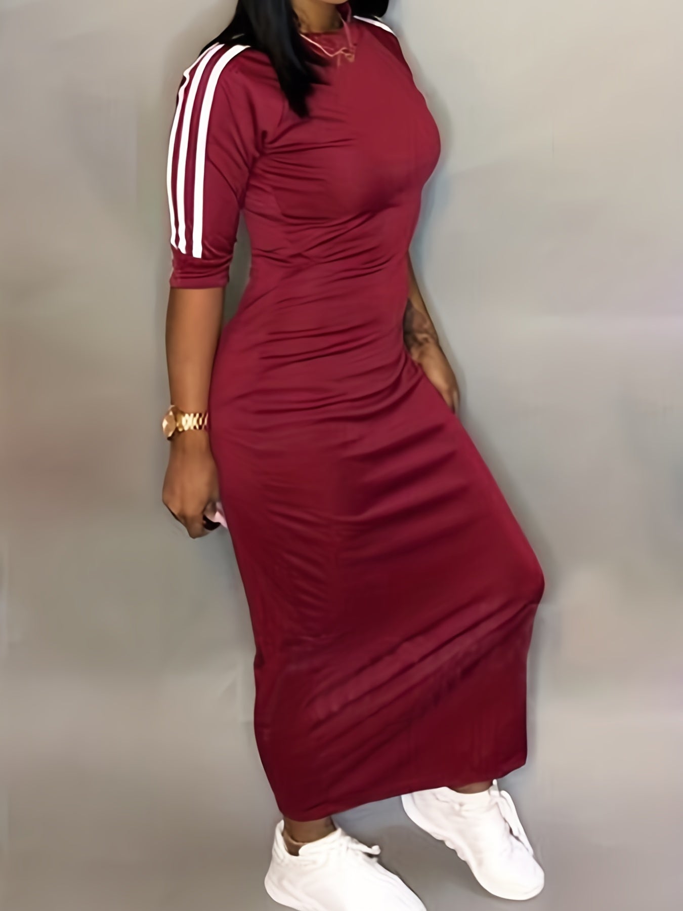 vlovelaw Striped Print Maxi Dress, Casual Crew Neck Dress For Spring & Summer, Women's Clothing