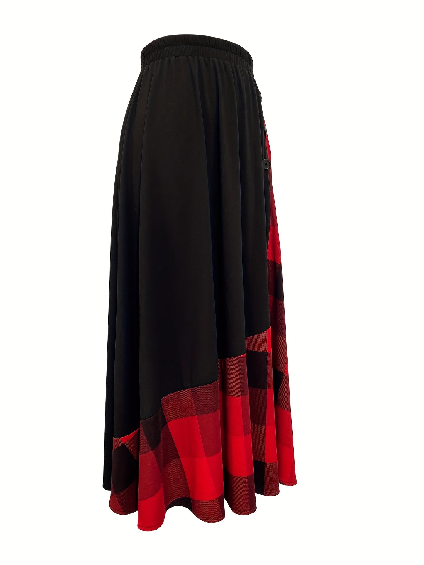 Plaid Print Elastic Waist Skirt, Elegant Button Ruffle Hem Maxi Skirt, Women's Clothing