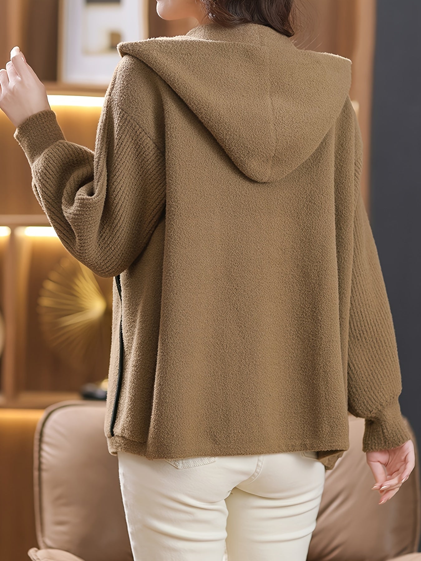 vlovelaw Contrast Trim Zipper Hooded Jacket, Versatile Long Sleeve Outwear For Fall & Winter, Women's Clothing