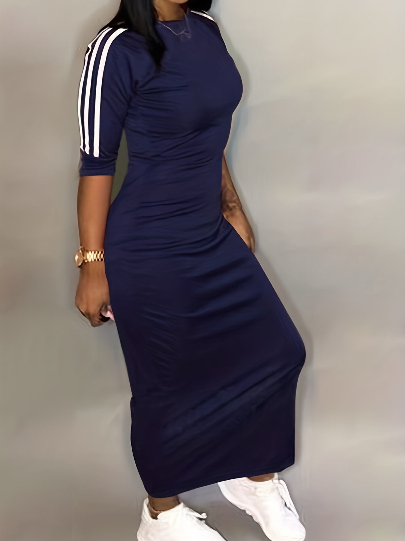 vlovelaw Striped Print Maxi Dress, Casual Crew Neck Dress For Spring & Summer, Women's Clothing