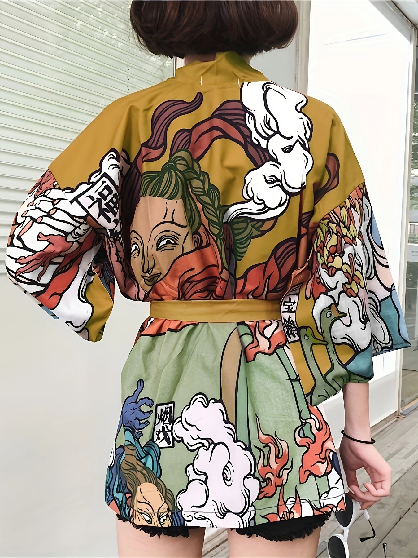 vlovelaw Allover Print Open Front Kimono, Bell Sleeve Cover Up Kimono For Spring & Summer, Women's Clothing