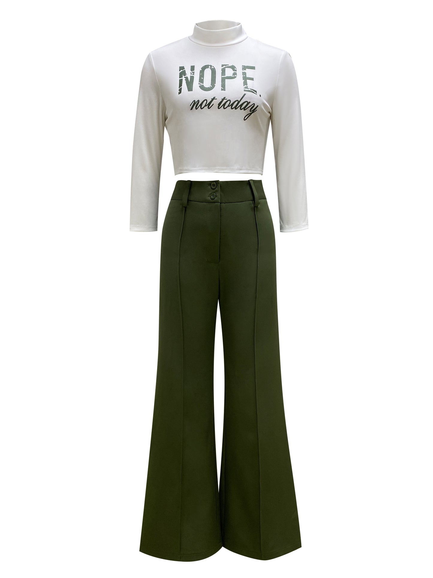 vlovelaw Casual Two-piece Set, Letter Print Mock Neck Top & Solid Pants Outfits, Women's Clothing