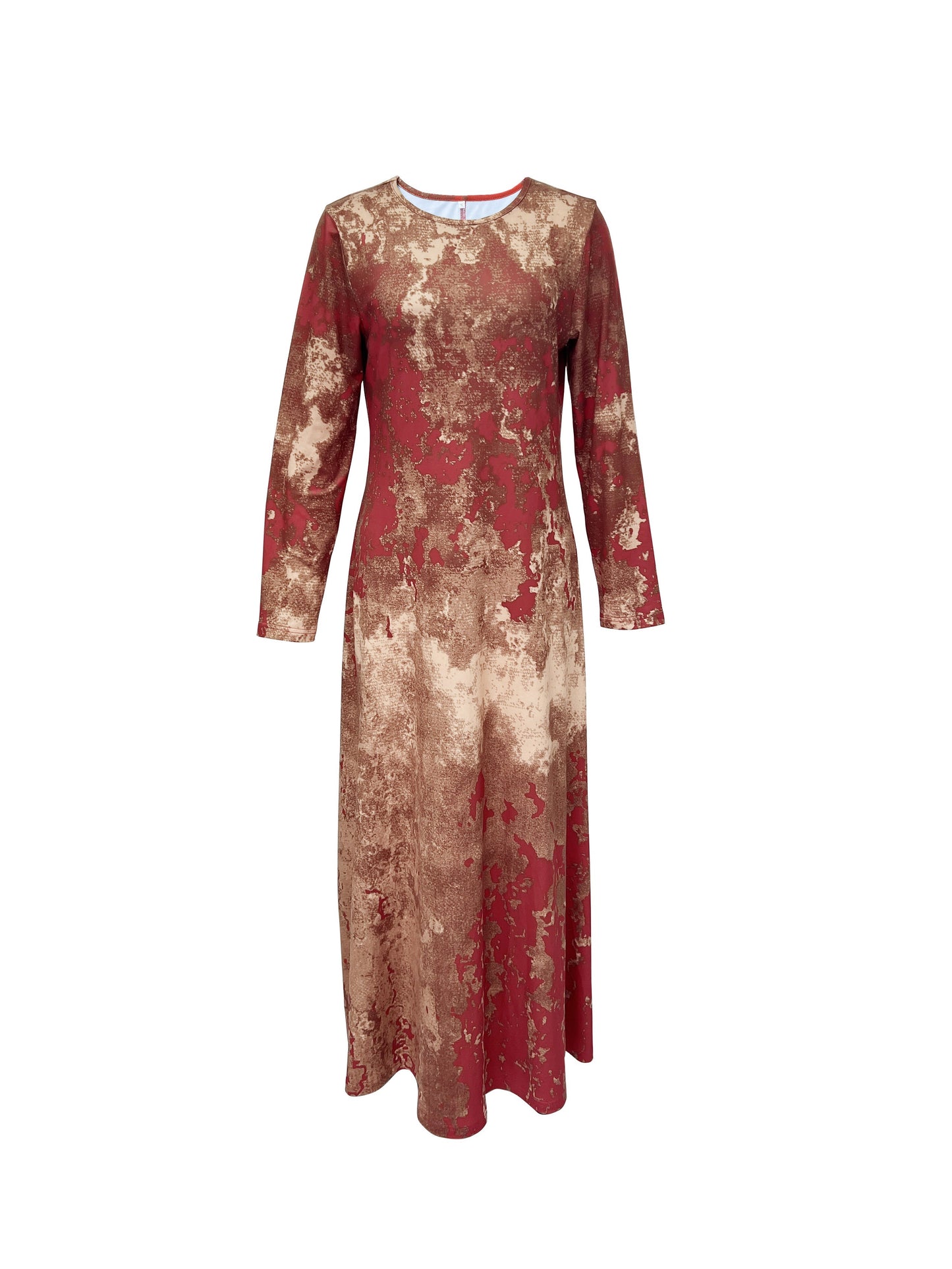Tie Die Print Maxi Dress, Vintage Crew Neck Long Sleeve Dress, Women's Clothing