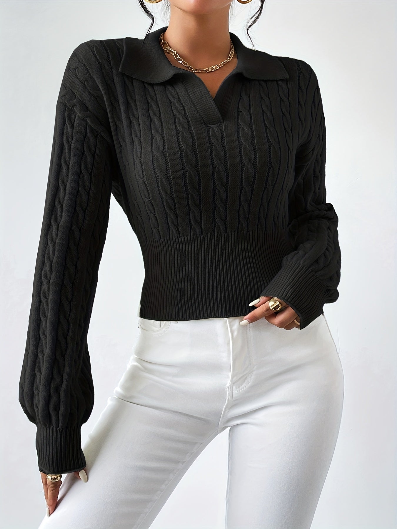 Twist Textured V Neck Knitted Top, Casual Long Sleeve Sweater For Fall & Winter, Women's Clothing