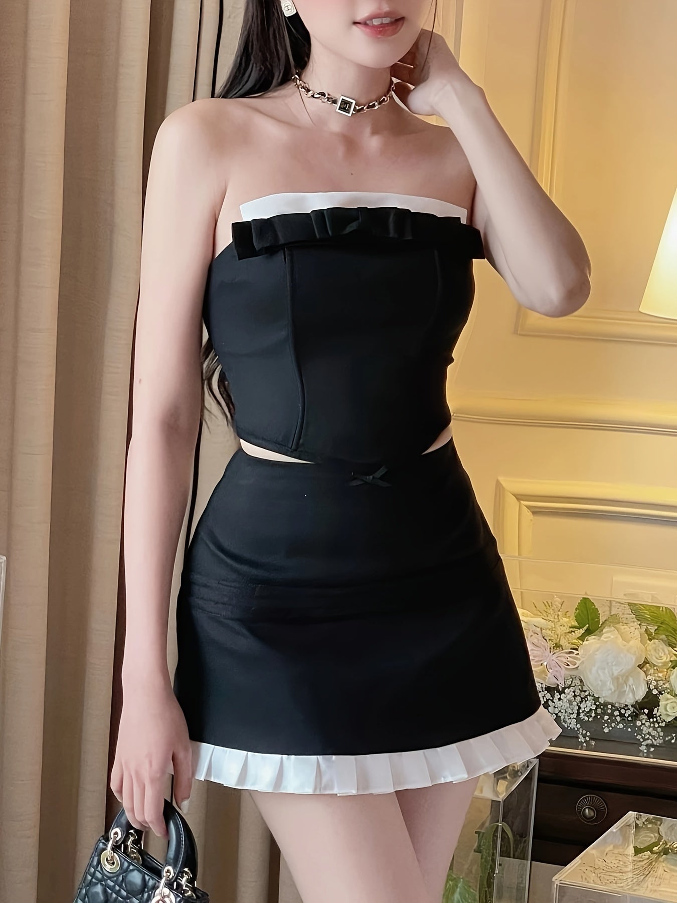 vlovelaw Colorblock Two-piece Set, Tube Top & Ruffle Skirt Outfits, Women's Clothing